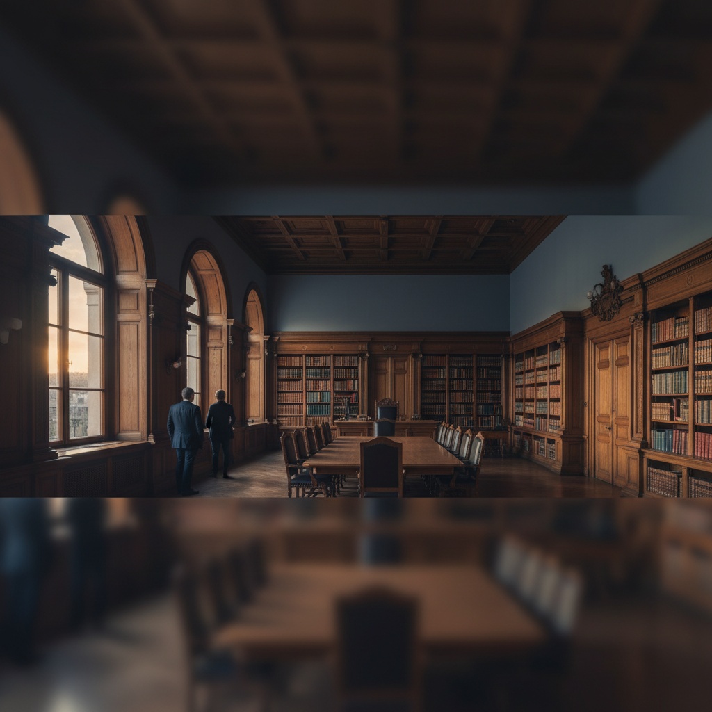Arrêt CJUE Wirth — salle de tribunal vide avec bibliothèque juridique