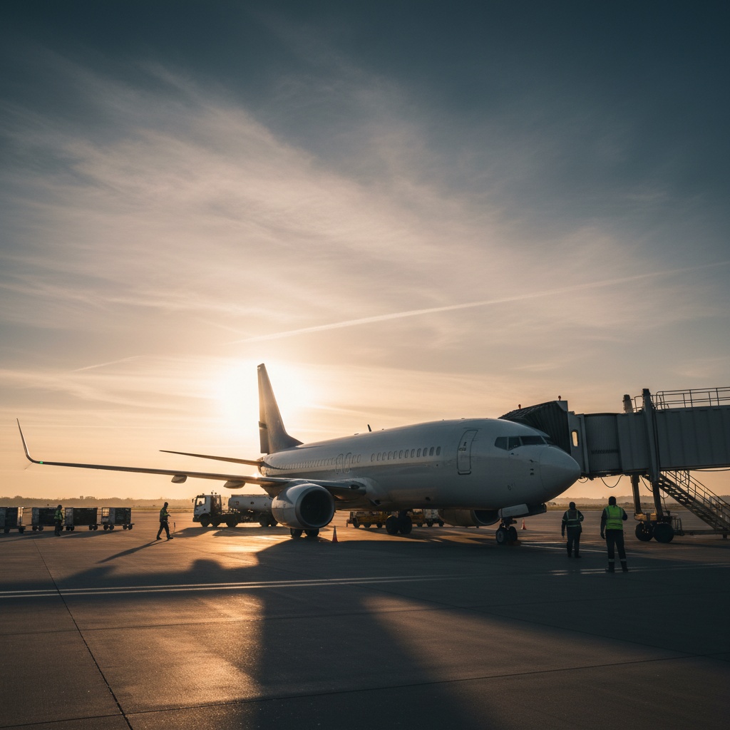 Avion de passagers Transavia à la porte au coucher du soleil