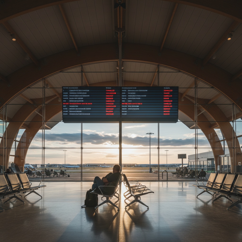 Passager à la porte d'embarquement regardant le tableau avec vols annulés