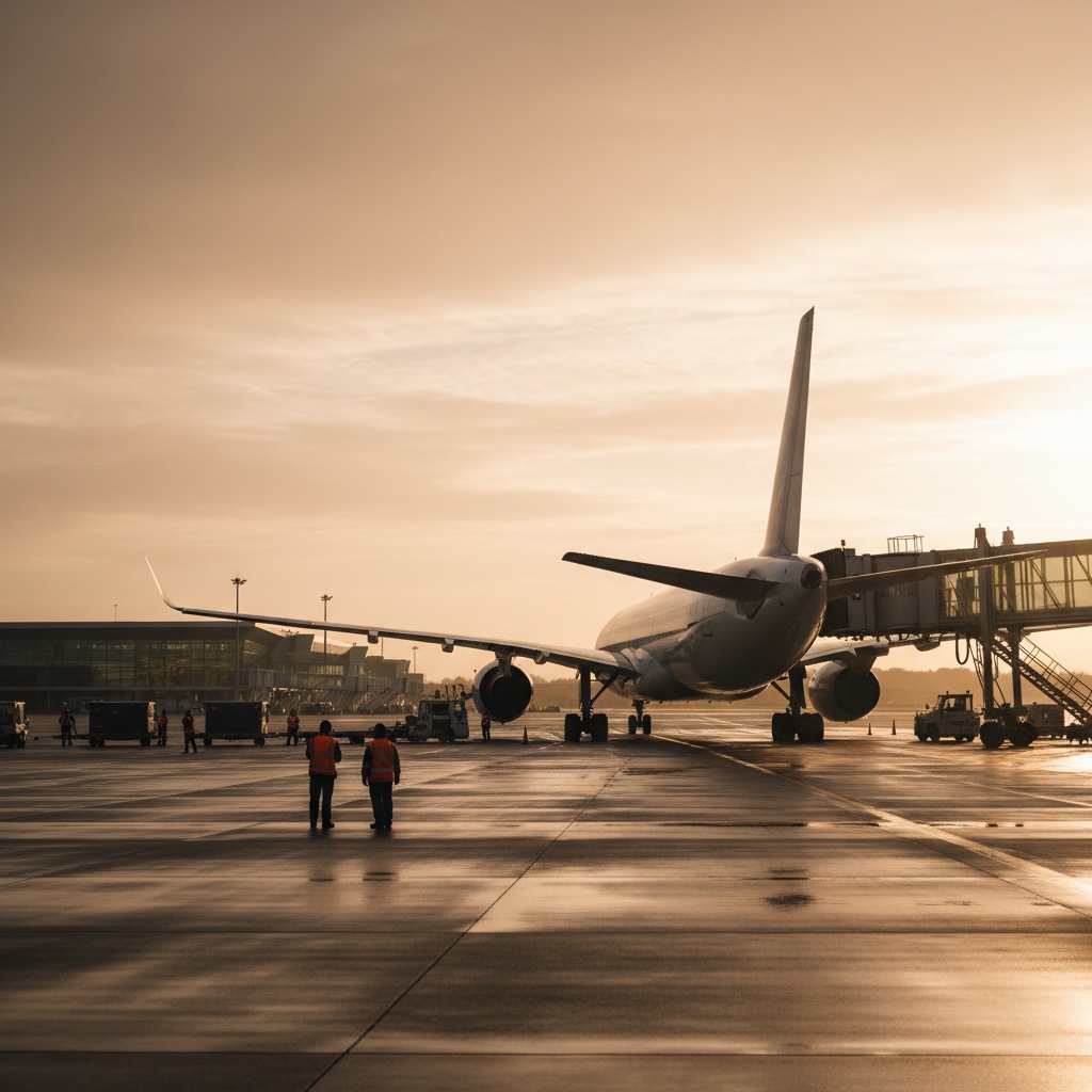 Avion de passagers Air Caraïbes à la porte au coucher du soleil