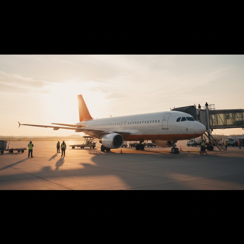 Avion de passagers easyJet à la porte au coucher du soleil