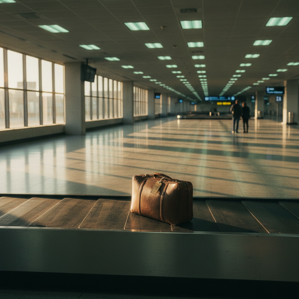 Valise seule sur tapis bagages nocturne — bagage perdu