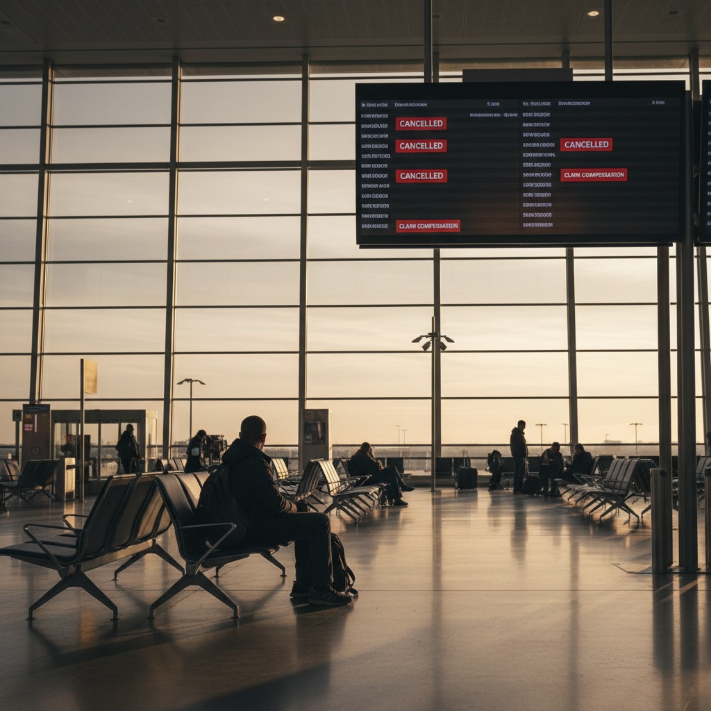 Passager à la porte d'embarquement regardant le tableau avec vols annulés
