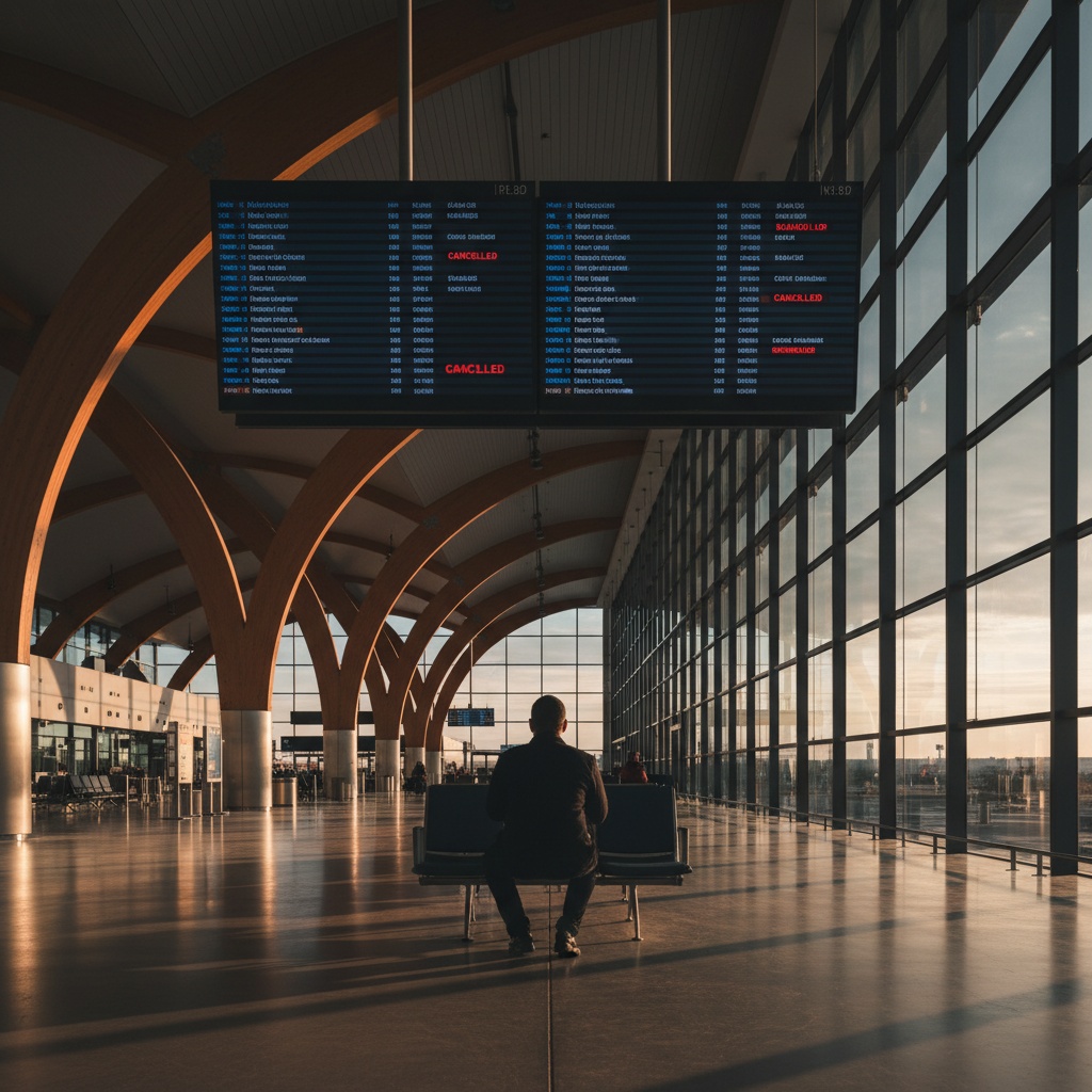 Passager à la porte d'embarquement regardant le tableau avec vols annulés
