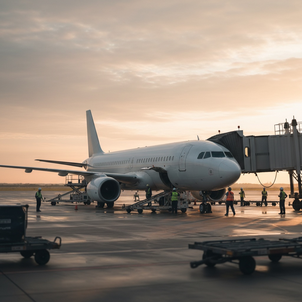 Avion de passagers Vueling à la porte au coucher du soleil