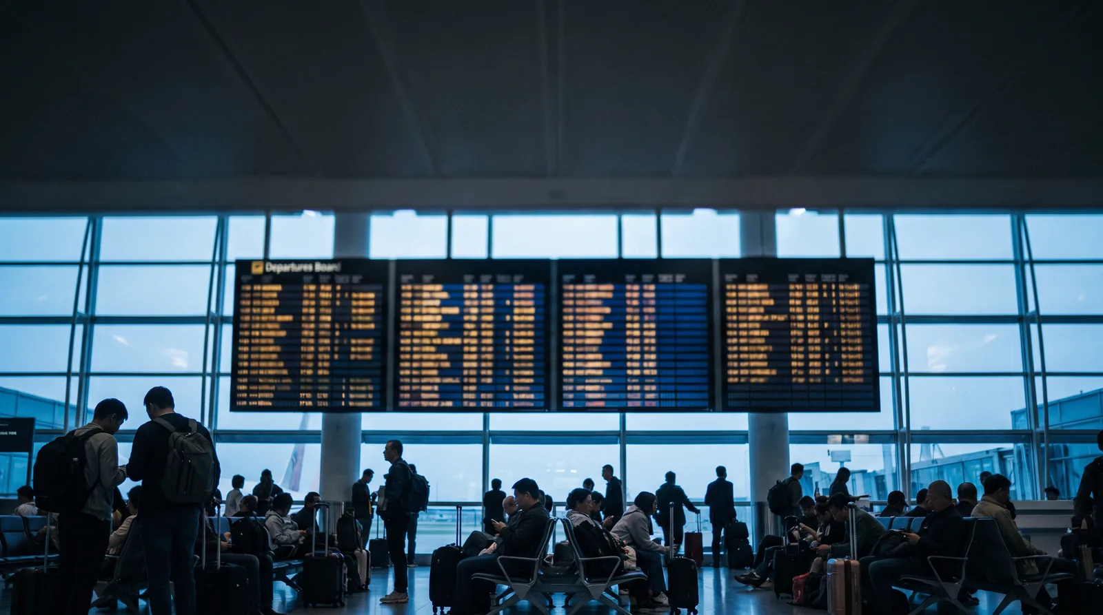 Tableau des départs dans un terminal bondé avec des passagers en attente