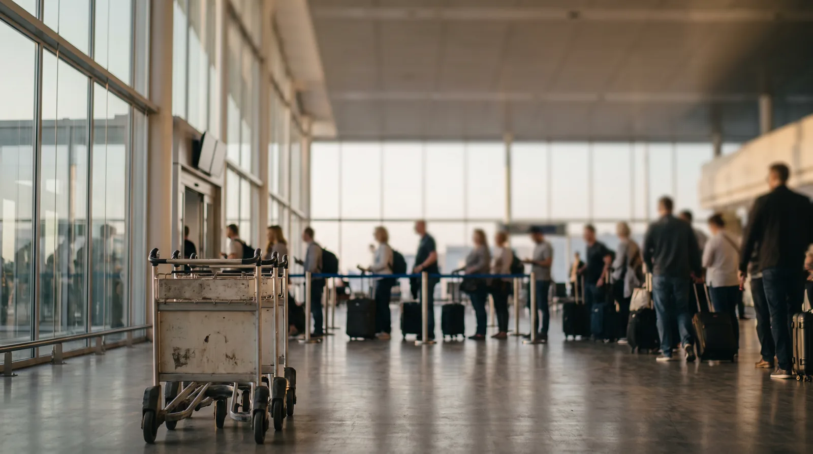 File d'attente en porte d'embarquement avec le gabarit à bagages au premier plan
