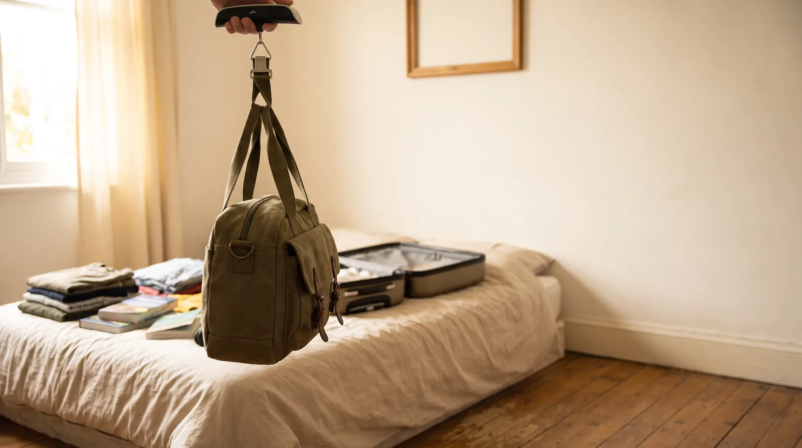 Voyageur pesant son sac de cabine avec un pèse-bagage avant le départ