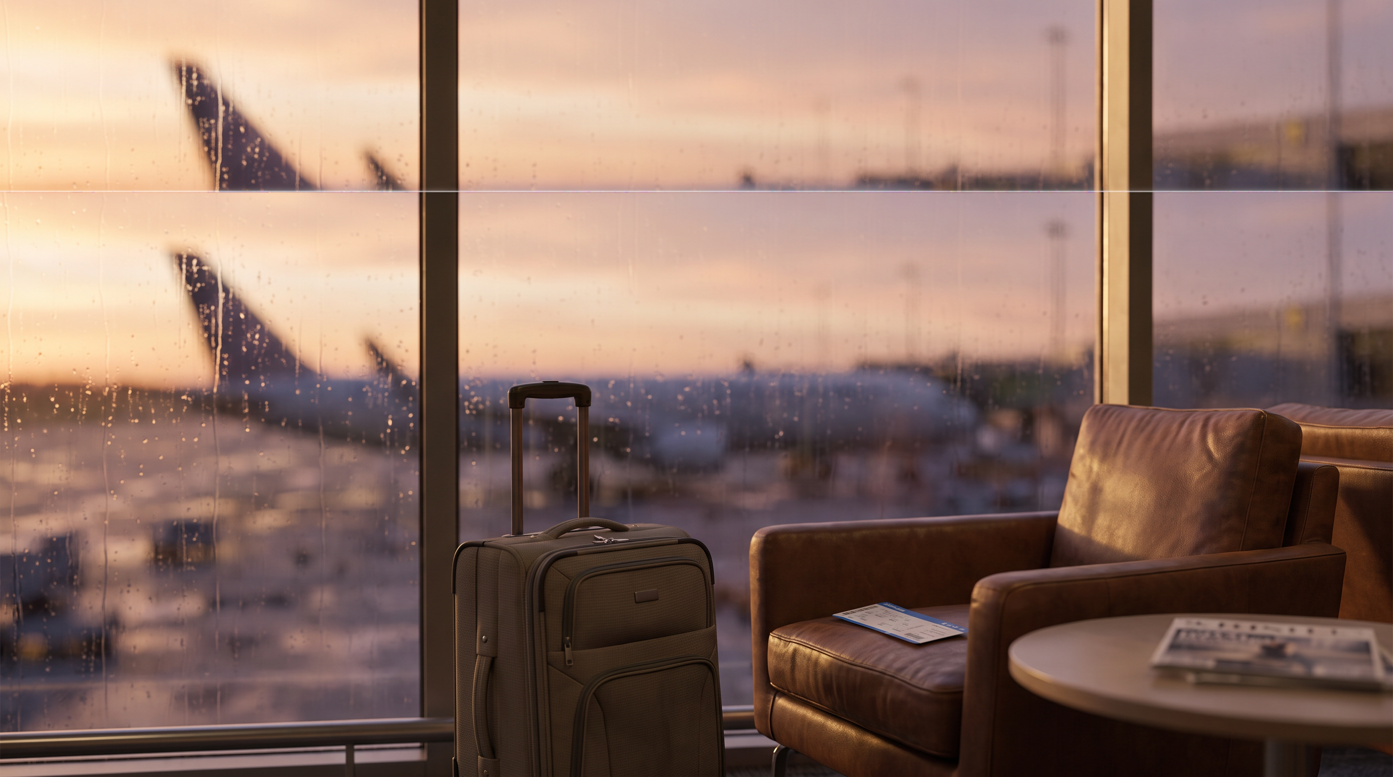 Fauteuil de salon d'aéroport à l'aube avec une valise cabine près de la baie vitrée